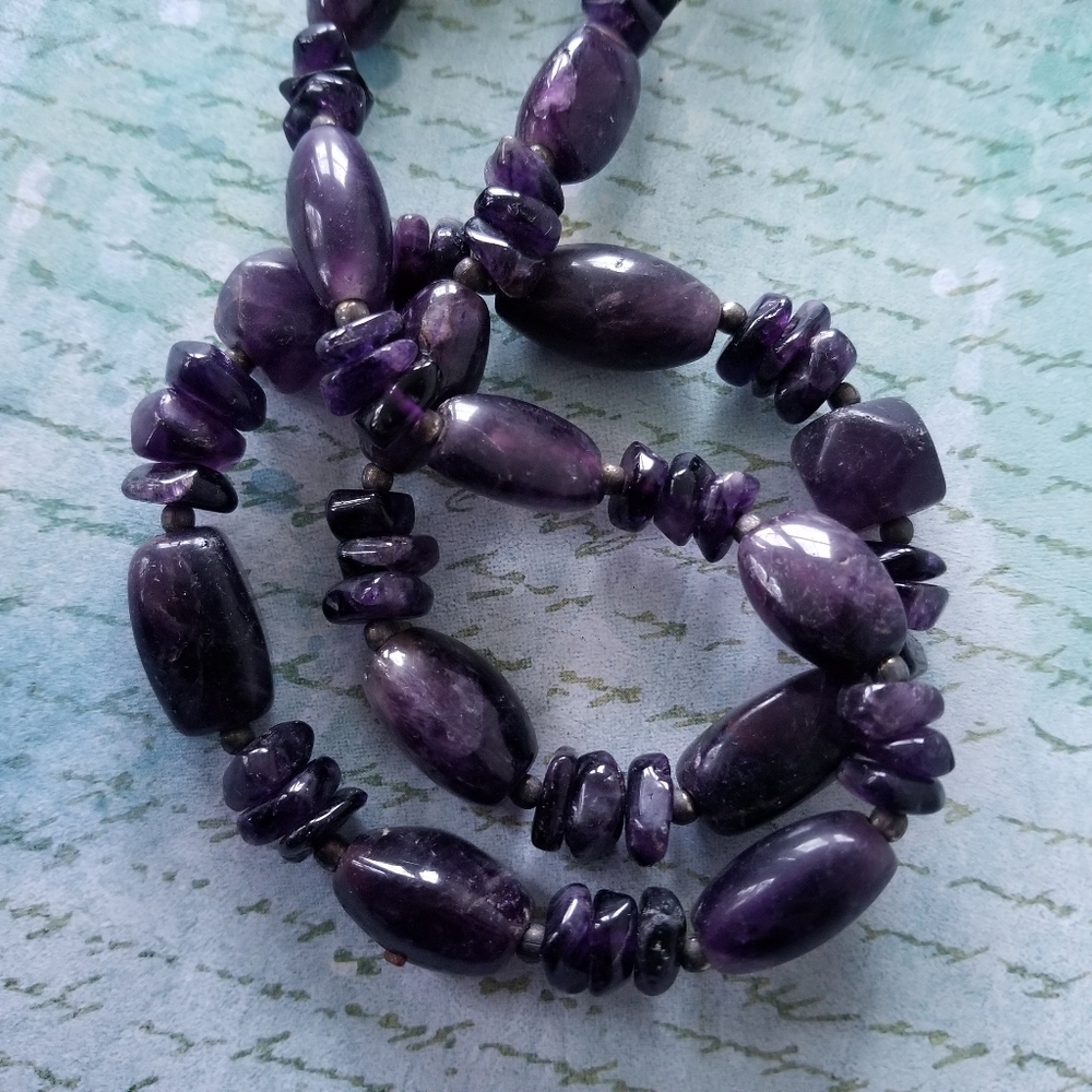 Relisted -Amethyst gemstone bead necklace purple real stone long strand silver - Picture 4 of 10